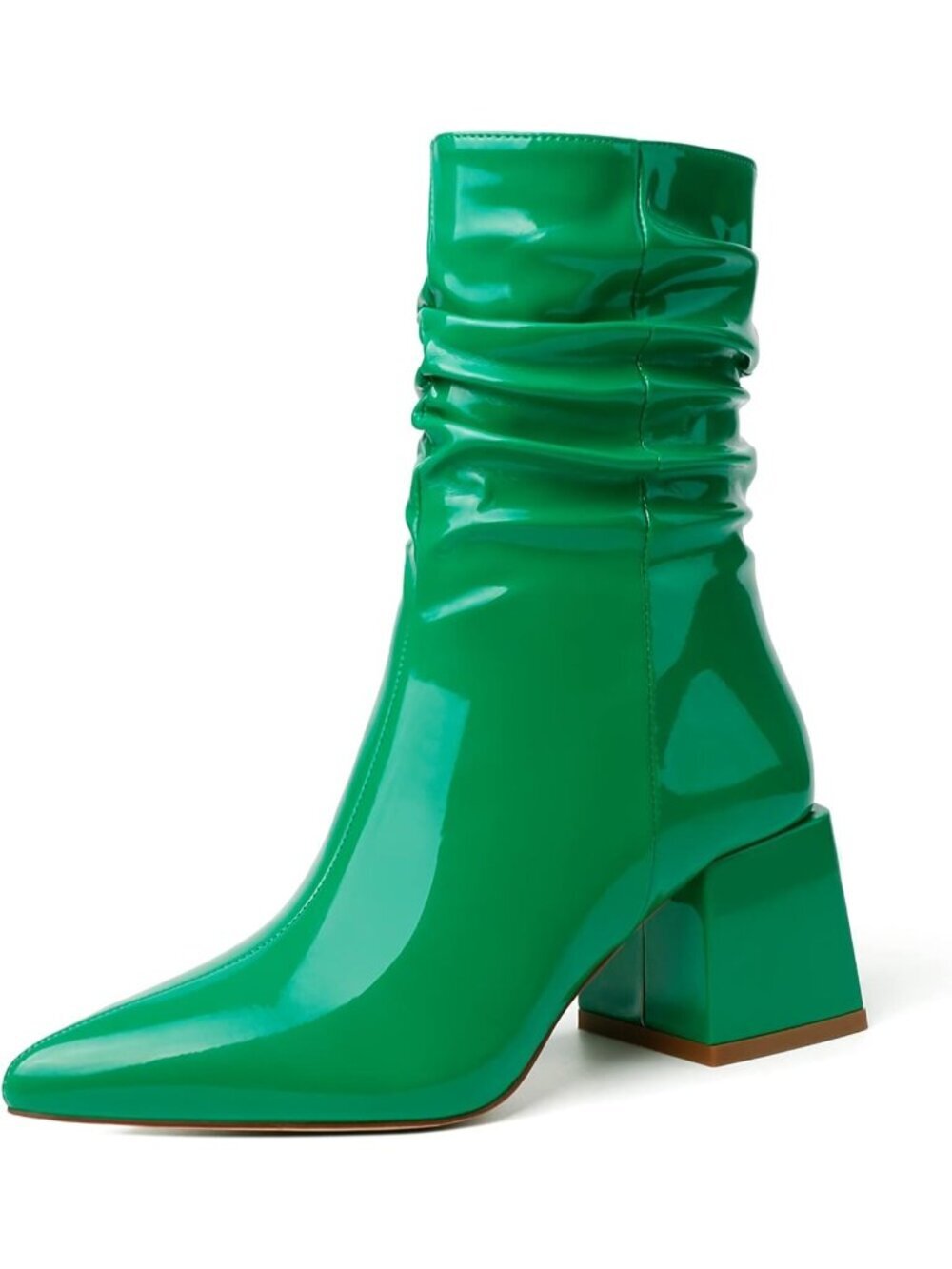 Women's Green Leather Mid Calf Boots Chunky Block Heel Pointed Toe Ankle Boot